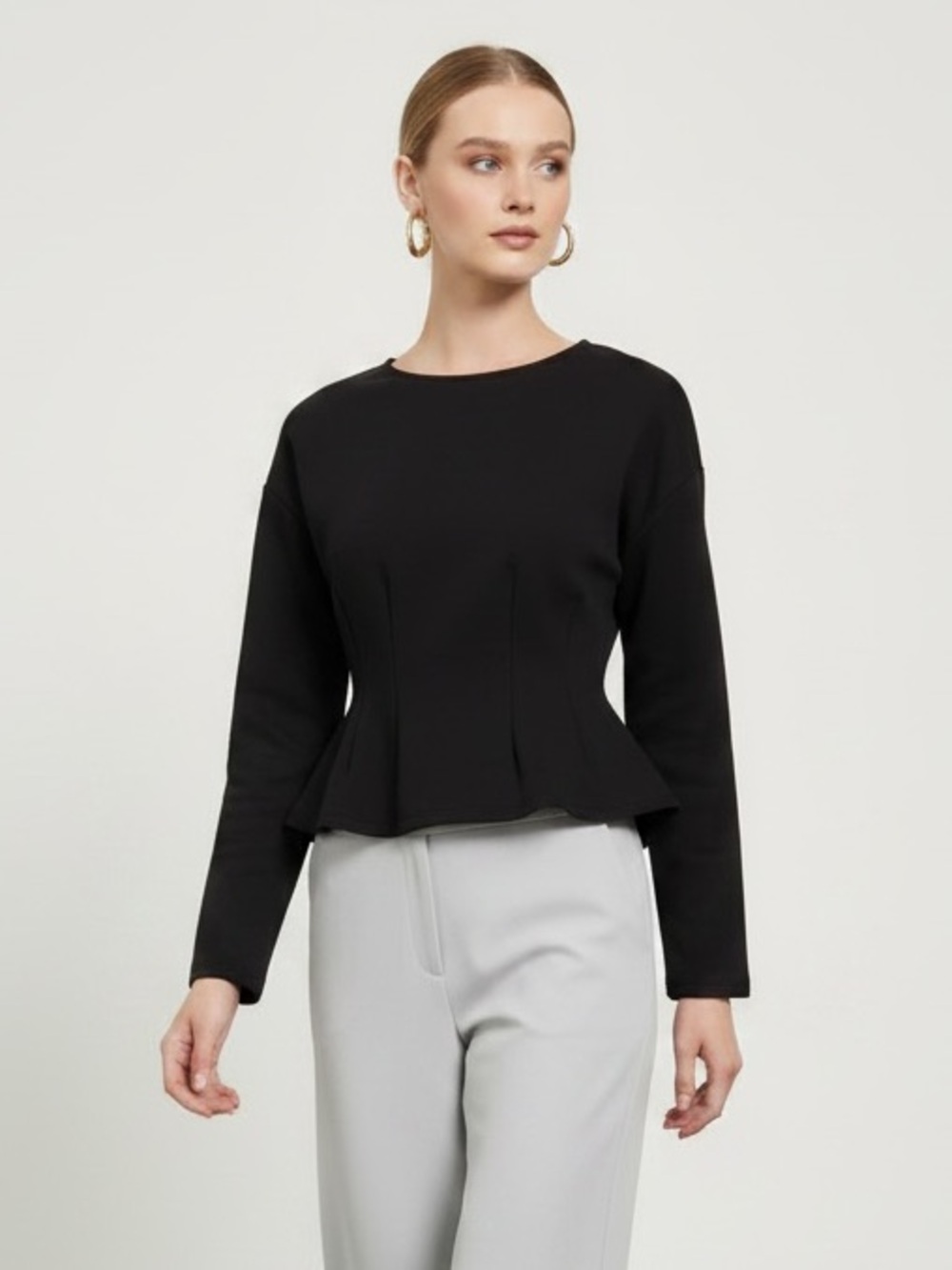 1580 • Black Darted Cotton Blend Scuba Long Sleeve Contoured Peplum Top
